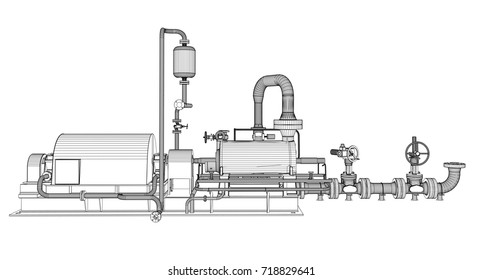 Wire-frame industrial pump. 3D Rendering Vector Illustration