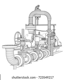 Wire-frame industrial pump. 3D Rendering Vector Illustration