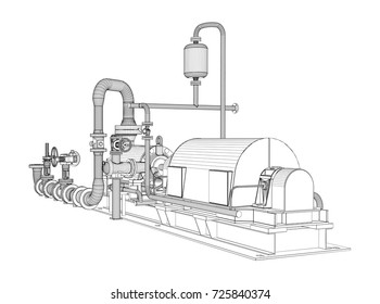 Wire-frame industrial pump. 3D Rendering Vector Illustration