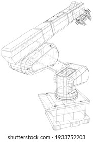 Wire-frame Industrial Robot isolated on white. Vector created of 3d.