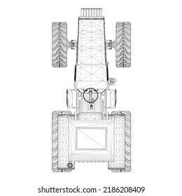 Alambre de un tractor industrial de líneas negras aislado en un fondo blanco. Vista desde arriba. 3 D. Ilustración vectorial.