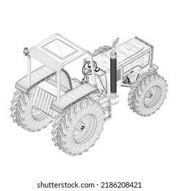 Alambre de un tractor industrial de líneas negras aislado en un fondo blanco. Vista isométrica. 3 D. Ilustración vectorial.