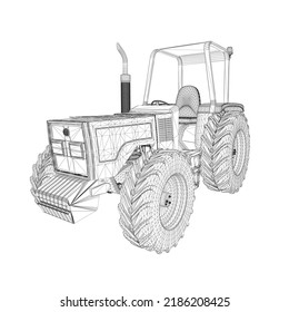 Wireframe of an industrial tractor from black lines isolated on a white background. Perspective view. 3D. Vector illustration.