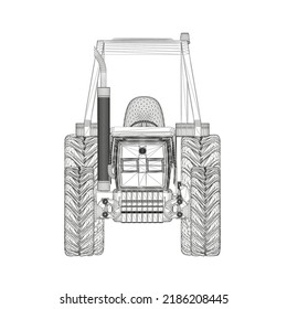Alambre de un tractor industrial de líneas negras aislado en un fondo blanco. Vista frontal. 3 D. Ilustración vectorial.