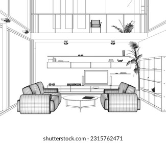 Wireframe Interior design modern living room in black line on white background , vector illustration. Living room interior. Line style furniture: sofa, bookshelf, TV shelf, flowerpot. View front. 3D..