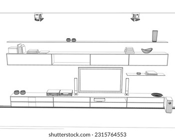 Wireframe Interior design of a white living room. Interior design with modern living room in black line sketch on white background, vector illustration. 3D..
