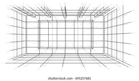 Wireframe Interior. Sketch Style. 3D Rendering Vector Illustration