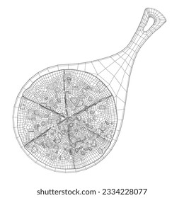 Wireframe of Italian pizza and ingredients. Italian food menu design template. Pizzeria menu design template. Vintage hand drawn sketch vector illustration. Engraved image. 3D.