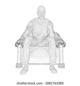 Marco de cable de un hombre alegre sentado sobre un sillón de líneas negras, aislado en un fondo blanco. El hombre mira la televisión y es feliz. 3 D. Ilustración del vector
