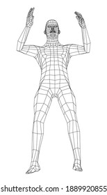 Wireframe jumping man. Vector 3d rendering. Man in jumping pose