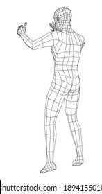 Wireframe jumping man. Vector 3d rendering. Man in jumping pose