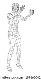Wireframe jumping man. Vector 3d rendering. Man in jumping pose