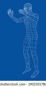 Wireframe jumping man. Vector 3d rendering. Man in jumping pose