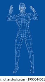Wireframe jumping man. Vector 3d rendering. Man in jumping pose