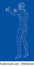 Wireframe jumping man. Vector 3d rendering. Man in jumping pose