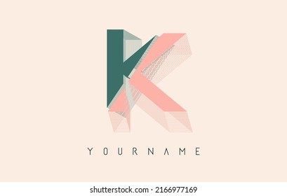 Wireframe K Letter Logo Design in zwei Farben. Kreative Vektorgrafik mit verkabeltem, gespiegeltem Rahmenrahmen. Logo in Pastellfarben.