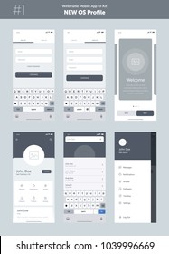 Wireframe Kit For Mobile Phone. Mobile App UI, UX Design. New OS Profile. Walkthrough, Welcome, Sign In, Sign Up, Profile, Account, Login, Search And Menu Screens.