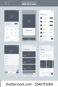 Wireframe kit for mobile phone. Mobile App UI, UX design. New OS Profile. Walkthrough, profile, account, search, followers, categories, latest and feed screens.