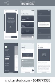 Wireframe kit for mobile phone. Mobile App UI, UX design. New OS Profile. Walkthrough, profile, account, search, followers, categories, notifications, pop up, feed, post, articles and menu screens.