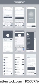 Wireframe kit for mobile phone. Mobile App UI, UX design. New OS Profile. Walkthrough, welcome, sign in, sign up, profile, account, login, search and menu screens.