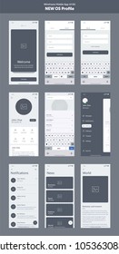 Wireframe kit for mobile phone. Mobile App UI, UX design. New OS Profile. Walkthrough, welcome, sign in, sign up, profile, account, login, search and menu screens.