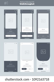 Wireframe kit for mobile phone. Mobile App UI, UX design. New OS Walkthrough screens.