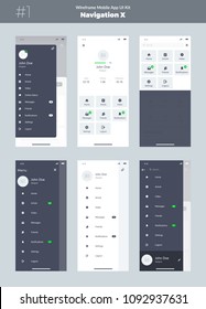 Wireframe-Kit für Mobiltelefone. Mobile App UI, UX Design. Neue Betriebssystemnavigation. Menü-Bildschirme: Zuhause, Artikel, Video, Nachrichten, Freunde, Benachrichtigungen, Einstellungen, Anmeldung, Suche.