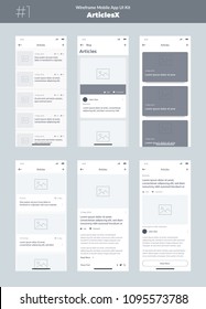 Wireframe kit for mobile phone. Mobile App UI, UX design. New OS Articles. Blog, list and articles screens.