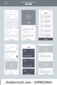  Wireframe kit for mobile phone. Mobile App UI, UX design. New OS feed. List, photos, public and news screens.