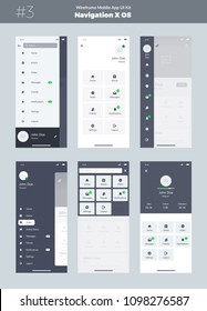 Wireframe-Kit für Mobiltelefone. Mobile App UI, UX Design. Neue Betriebssystemnavigation. Menü-Bildschirme: Zuhause, Artikel, Video, Nachrichten, Freunde, Benachrichtigungen, Einstellungen, Anmeldung, Suche.