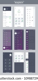 Wireframe kit for mobile phone. Mobile App UI, UX design. New navigation. Menu screens: home, article, video, messages, friends, notifications, profile, settings, logout, search.