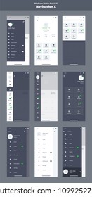 Wireframe kit for mobile phone. Mobile App UI, UX design. New navigation. Menu screens: home, article, video, messages, friends, notifications, profile, settings, logout, search.