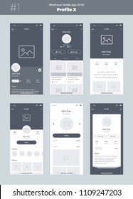 Wireframe-Kit für Mobiltelefone. Mobile App UI, UX Design. Neue Profilbilder: Zuhause, Feed, über, Fotos, Anhänger, Nachrichten, Freunde, Profil, Informationen, Einstellungen.