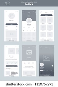 Wireframe kit for mobile phone. Mobile App UI, UX design. New profile screens: home, feed, about, photos, followers, messages, friends, profile, info, search.