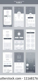 Wireframe kit for mobile phone. Mobile App UI, UX design. New profile screens: home, feed, about, photos, followers, messages, friends, profile, info, search.