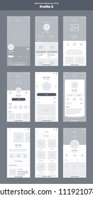 Wireframe kit for mobile phone. Mobile App UI, UX design. New profile screens: home, feed, about, photos, followers, messages, friends, profile, info, search.