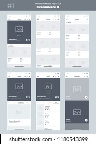 Wireframe kit for mobile phone. Mobile App UI, UX design. New ecommerce screens: store, all products, categories, search, collections, advertising frame.