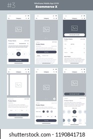 Wireframe kit for mobile phone. Mobile App UI, UX design. New Ecommerce Product. Category, Name of product, size, color, prices and details screens. Choose and buy a product.