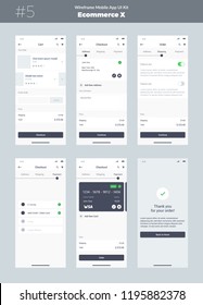 Wireframe kit for mobile phone. Mobile App UI, UX design. New ecommerce screens: cart, checkout, order, address, shipping, payment product and thank you screens.