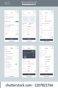 Wireframe Kit For Mobile Phone. Mobile App UI, UX Design. New Ecommerce Screens: Cart, Order, Address, Settings, Payment.