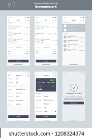 Kit de bastidor inalámbrico para teléfono móvil. UI de aplicación móvil, diseño de UX. Nueva interfaz de comercio electrónico: carrito, pedido, dirección, pago y pantallas de éxito. Diferentes plantillas GUI para el desarrollo de aplicaciones.