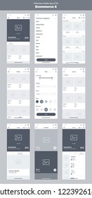 Wireframe kit for mobile phone. Mobile App UI, UX design. New ecommerce: store, filter, all products, categories, search, collections, new, feed and advertising frame screens.