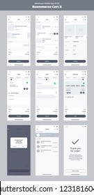 Wireframe kit for mobile phone. Mobile App UI, UX design. New ecommerce: store, cart, order, checkout, payment method, delivery method and success screens.