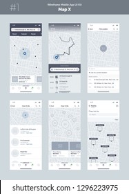 Wireframe kit for mobile phone. Mobile App UI, UX design. New map position: popular places, close to me cafes and restaurants, address, way, search, filter, route, list and pick location screens.