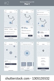 Wireframe kit for mobile phone. Mobile App UI, UX design. New map position: request, address, way, search, filter, route, order, list, pick location and contacts screens.