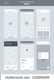 Wireframe kit for mobile phone. Mobile App UI, UX design. New map position: selection on map, search, list, point, filter, place and pick location screens.