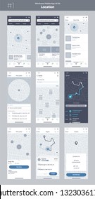 Wireframe kit for mobile phone. Mobile App UI, UX design. New map position: popular places, close to me cafes and restaurants, address, way, search, filter, route, list and pick location screens.