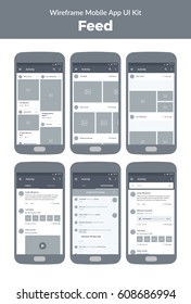 Wireframe kit for mobile phone. Mobile App UI design. Feed, activity, photos, public, notifications, search, screens.