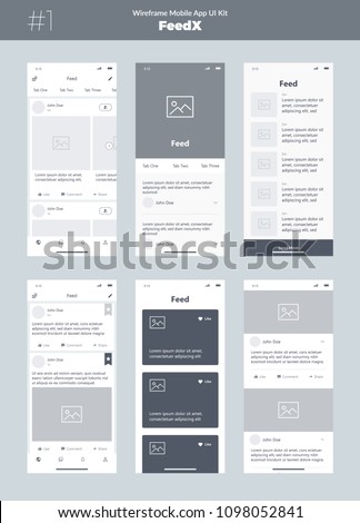  Wireframe kit for mobile phone. Mobile App UI, UX design. New OS feed. List, photos, public and news screens.