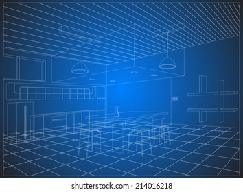 Wireframe kitchen on a blue background